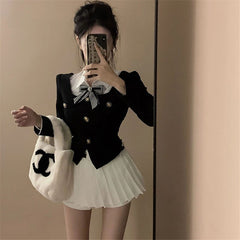 Black Coat Short Slim Long Sleeve High Waist Pleated Skirt