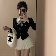 Black Coat Short Slim Long Sleeve High Waist Pleated Skirt