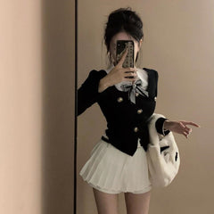 Black Coat Short Slim Long Sleeve High Waist Pleated Skirt