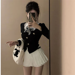 Black Coat Short Slim Long Sleeve High Waist Pleated Skirt