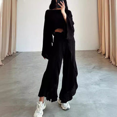 Linen Blend Cropped Top And Elastic Waist Belt Ruffled Trousers Suit