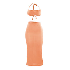 Pure Color Halter Waffle Spaghetti Straps Sleeveless Wrapped Chest High Waist Sheath Dress