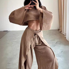 Linen Blend Cropped Top And Elastic Waist Belt Ruffled Trousers Suit