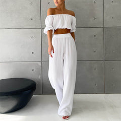 Women's Summer Pure Cotton Solid Color Off-shoulder Top Wide Leg Pants Casual Suit