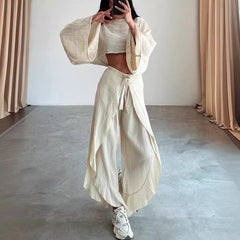 Linen Blend Cropped Top And Elastic Waist Belt Ruffled Trousers Suit