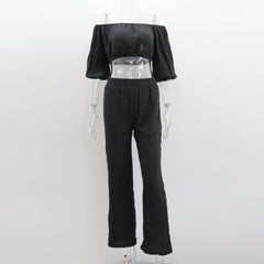 Women's Summer Pure Cotton Solid Color Off-shoulder Top Wide Leg Pants Casual Suit