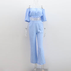 Women's Summer Pure Cotton Solid Color Off-shoulder Top Wide Leg Pants Casual Suit