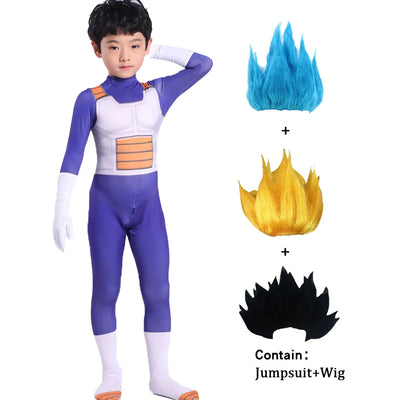 Anime Kids Vegeta Cosplay Costume Suit Superhero Adult Jumpsuit Wig Blue Gold Black Halloween Carnival