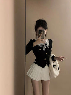 Black Coat Short Slim Long Sleeve High Waist Pleated Skirt