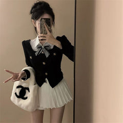 Black Coat Short Slim Long Sleeve High Waist Pleated Skirt