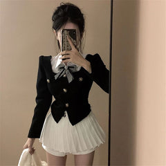 Black Coat Short Slim Long Sleeve High Waist Pleated Skirt